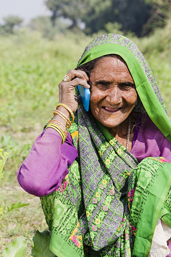 1 Rural Villager Senior Woman Sitting Farm Talking Mobile Phone