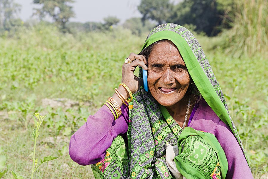 Smiling Indian Rural Farmer Old Woman Talking Phone Farm Village