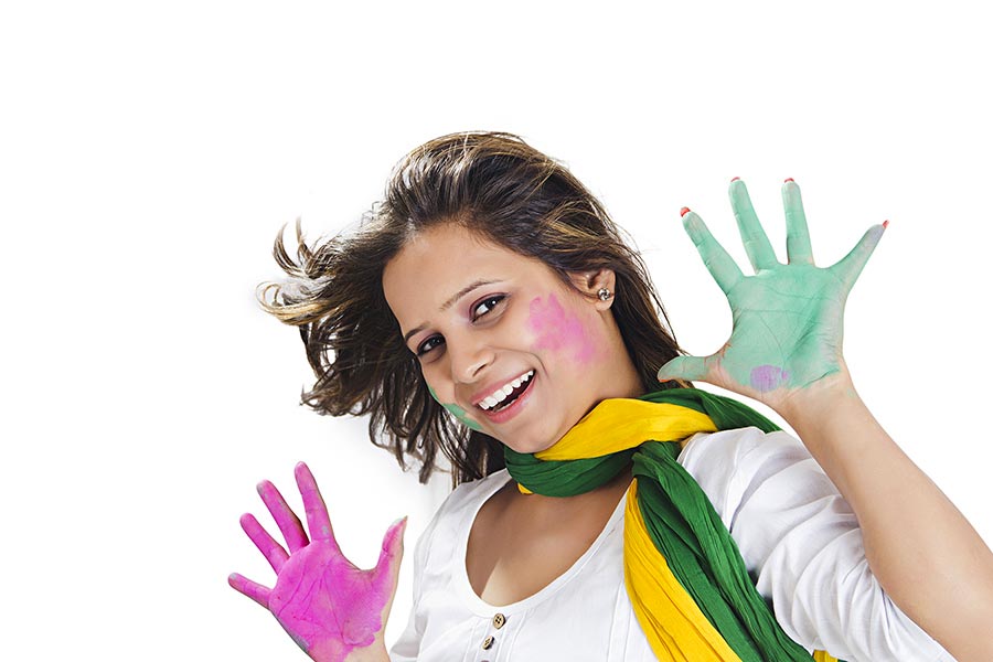 Happy Young Woman Showing Their Color Hands-palms On-Holi Festival ...