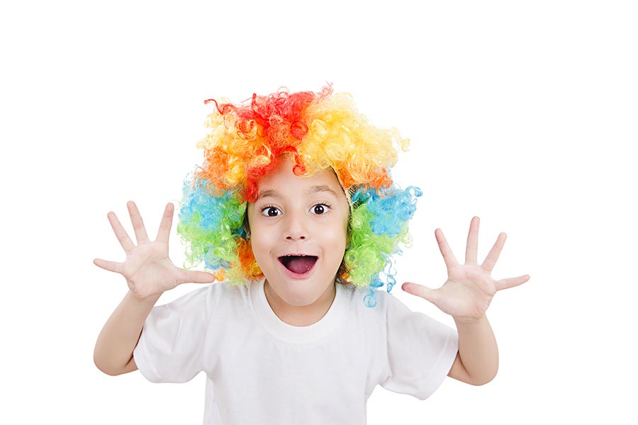 Happy-Shouting Kid-Girl in multi-colored wig And showing her hands palm