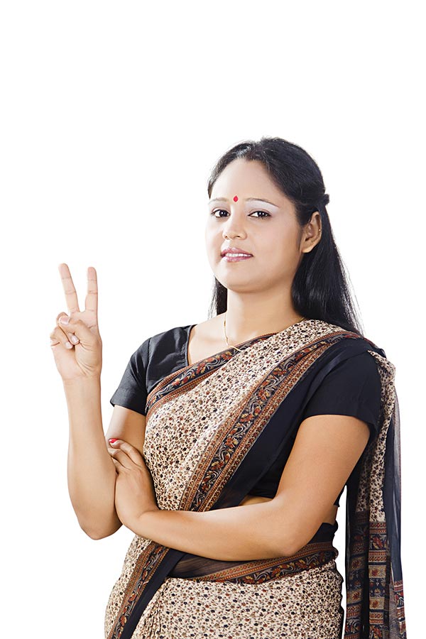 Indian Business Woman In Traditional Sari Pointing Up Two Fingers V Sign