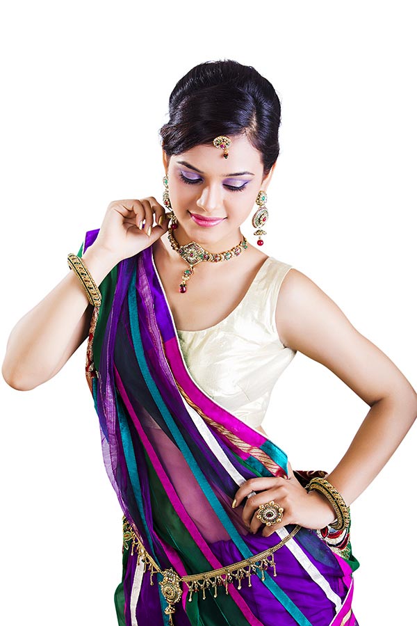 Indian Beautiful Lady Shy Traditional Saree With Jewellery Standing Posing