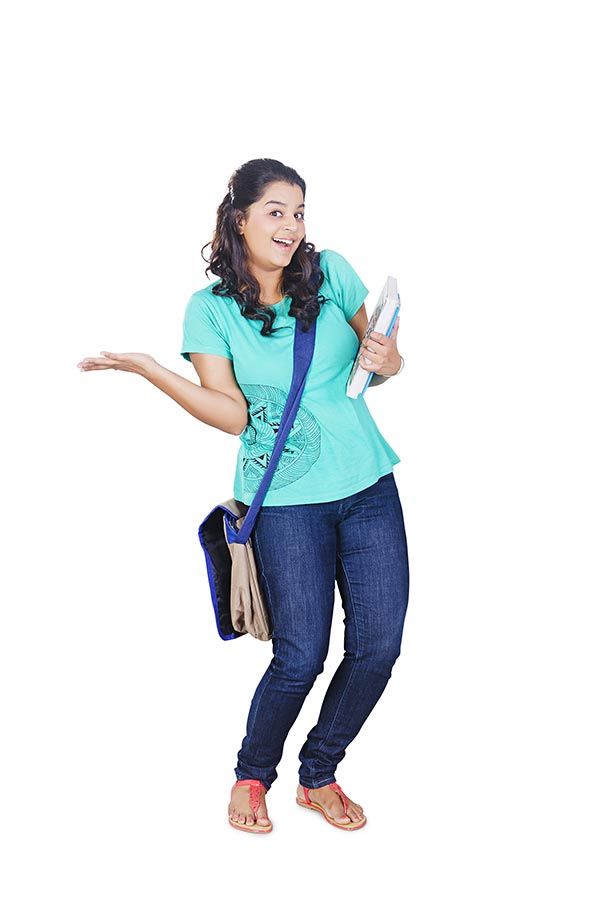 Happy College Girl Student Holding Book Gesturing-Hand Standing White