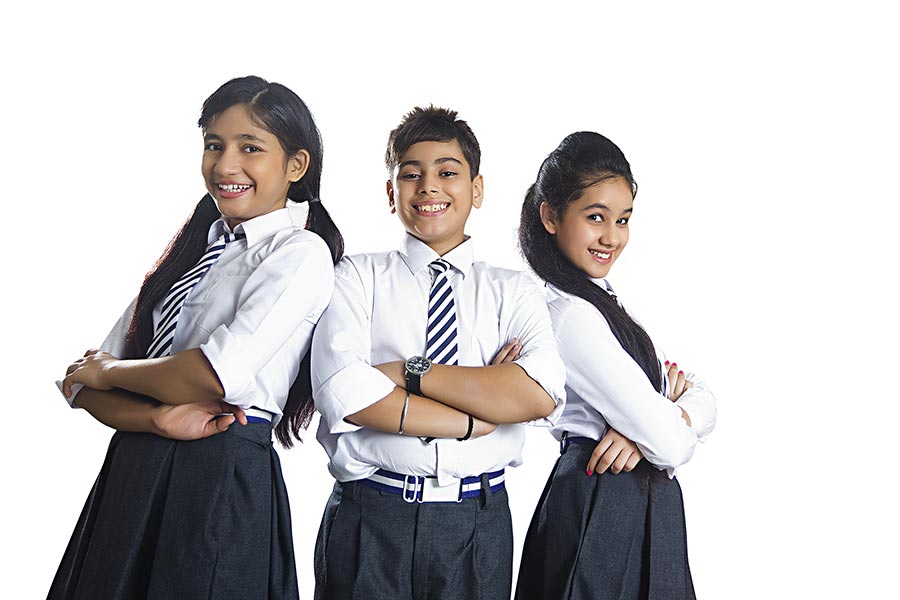 Happy Three School Students Friends With Arms-Crossed Standing Together ...