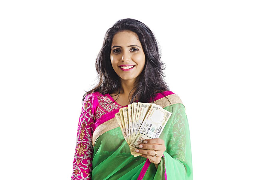 Traditional Indian Adult Woman Showing 500 Rupee Banknotes Money-Concept