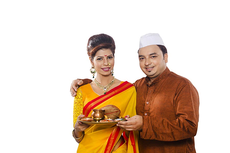 Traditional Indian Marathi Married-Couple Holding Pooja Thali On Diwali ...