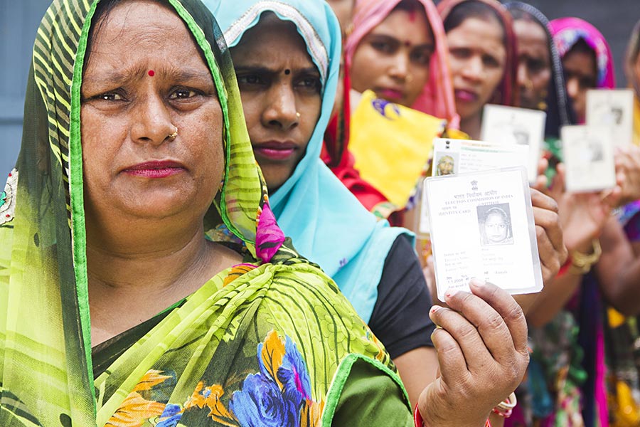 Indian Rural Group Ladies Showing Voter Id Card Polling Booth