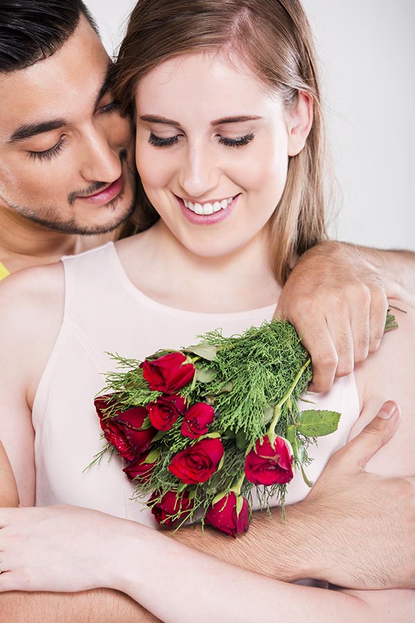 Hugging Loved Couple With Bouquet Of Rose Happy Valentine Day