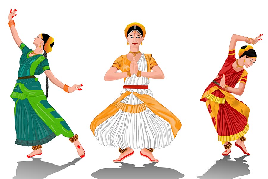 illustration of Indian Three women classical dancer performing bharatnatyam