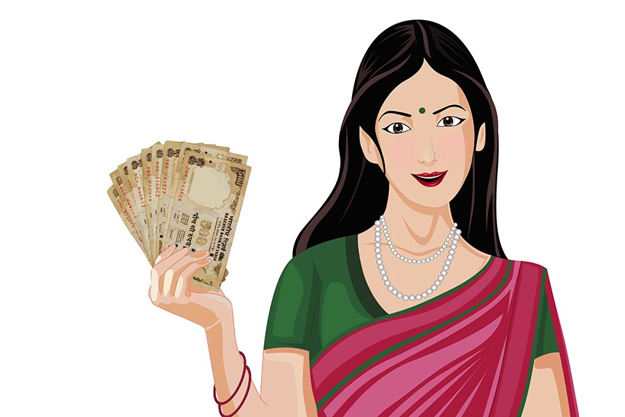 Vector cartoon Illustration woman in-traditional saree showing indian money