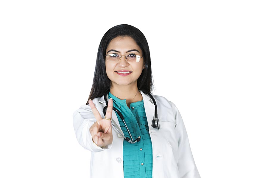 Indian Woman Medical Doctor Showing Finger Victory Sign Success Health-Care