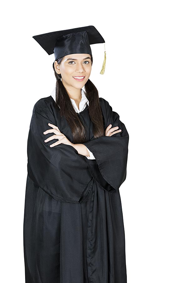 Indian young Woman university student wearing cap and gown Standing