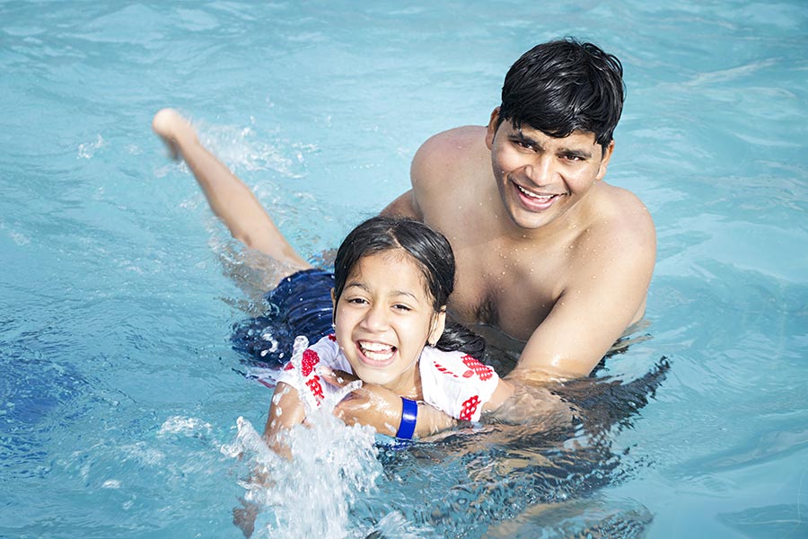 Happy Father Little Daughter Swimming Pool Waterpark Fun Enjoy