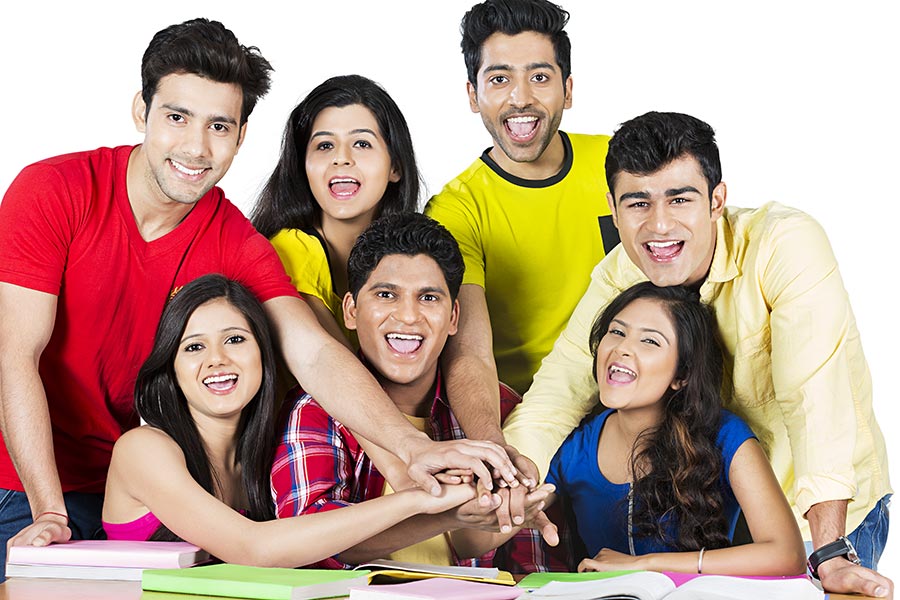 Indian Group College Students Friends Hands Pledge Strength Team Teamwork