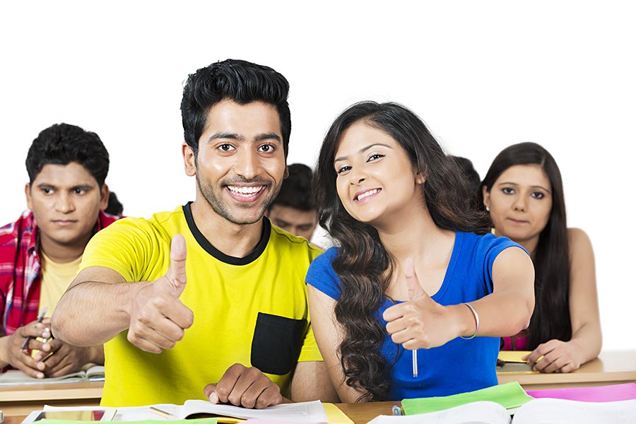 Happy Indian Couple College Student Showing Thumbs Up Success Classroom