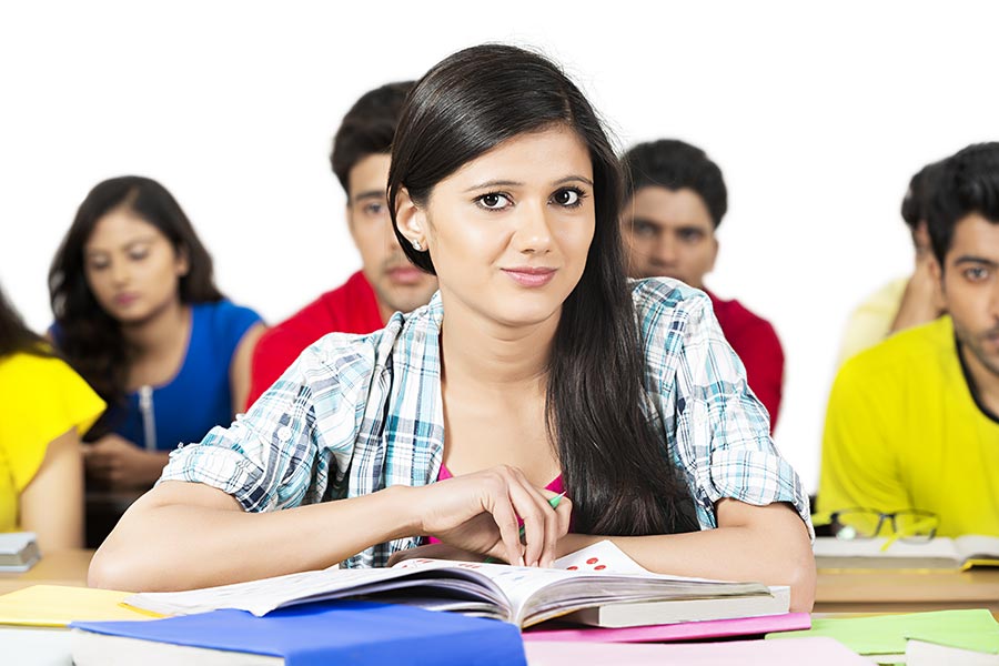 Indian College Girl Student Reading Book Studying Classroom Reading Book