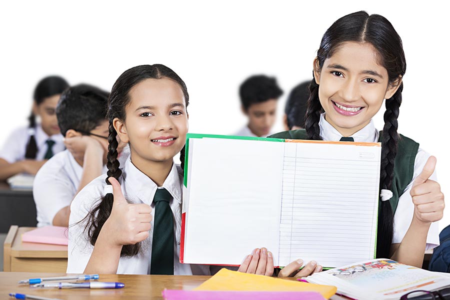 Indian School-girls Friend Students Showing Thumbs-up With Notebook 