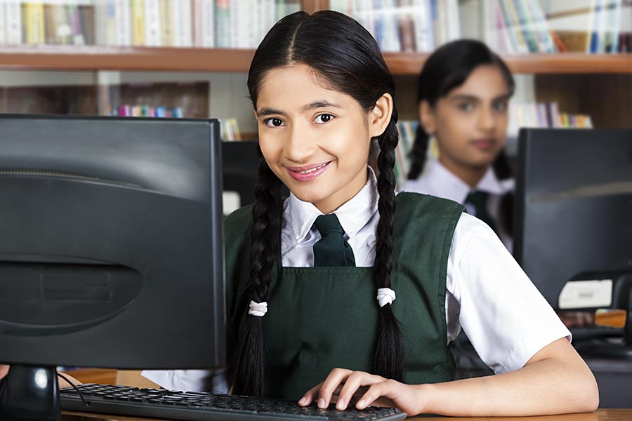 Indian High-School Teenager-Girl Student Using Computer Studying E ...