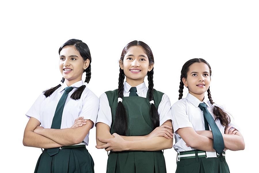 Happy Indian Elementary-School Teenager Girls Students Friends Standing ...