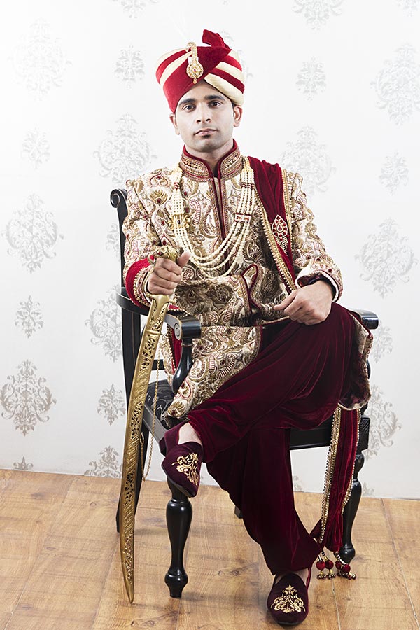 Attitude Indian Rajasthani Rajput Groom Sitting Chair Wedding Sherwani Ceremony