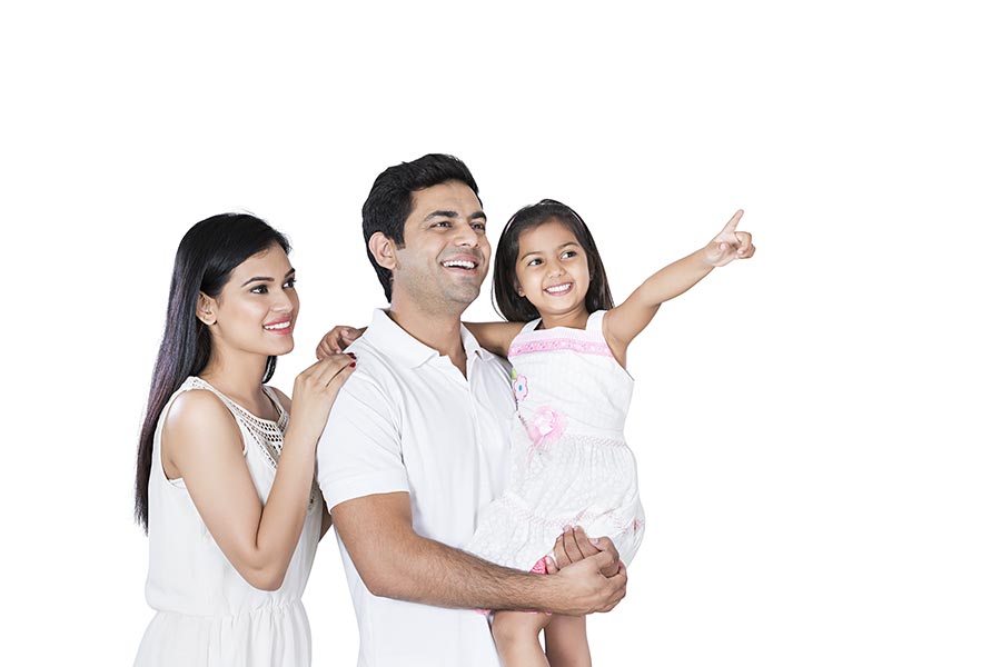 Indian Family Parents And Kid Daughter Pointing Showing At Something