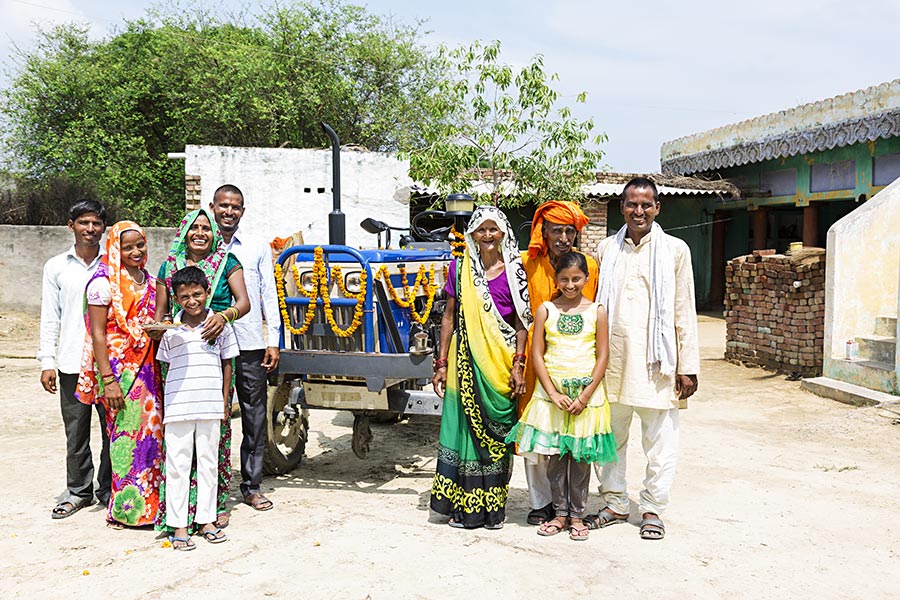 Indian Groups Farmer Family Standing Near New Tractor Rural Village