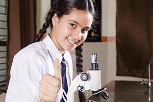 School Girl Microscope Thumbsup