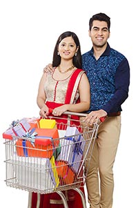 Couple Shopping Cart Gift Boxes Smiling