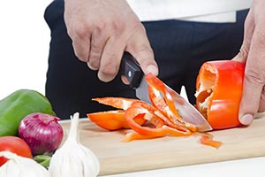 Closeup Hands Chef Cook Cutting Vegetables